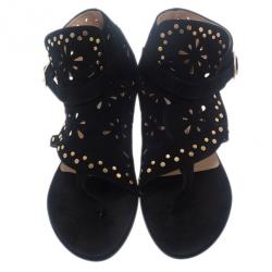 Pre Owned Jimmy Choo Black Suede Cutout Gladiator Flat Sandals Size 38.5