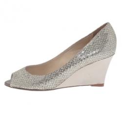 Pre Owned Jimmy Choo Silver Glitter Baxen Peep Toe Wedge Pumps Size 36