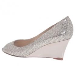 Pre Owned Jimmy Choo Silver Glitter Baxen Peep Toe Wedge Pumps Size 36