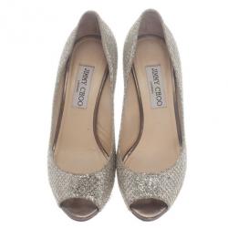 Pre Owned Jimmy Choo Silver Glitter Baxen Peep Toe Wedge Pumps Size 36
