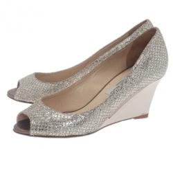 Pre Owned Jimmy Choo Silver Glitter Baxen Peep Toe Wedge Pumps Size 36