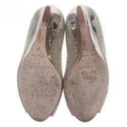 Pre Owned Jimmy Choo Silver Glitter Baxen Peep Toe Wedge Pumps Size 36