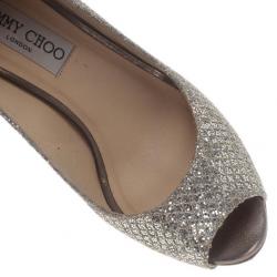 Pre Owned Jimmy Choo Silver Glitter Baxen Peep Toe Wedge Pumps Size 36