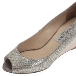 Pre Owned Jimmy Choo Silver Glitter Baxen Peep Toe Wedge Pumps Size 36