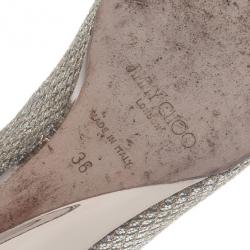 Pre Owned Jimmy Choo Silver Glitter Baxen Peep Toe Wedge Pumps Size 36