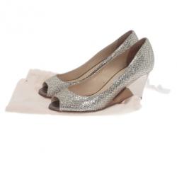 Pre Owned Jimmy Choo Silver Glitter Baxen Peep Toe Wedge Pumps Size 36