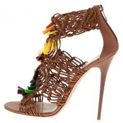 Pre Owned Jimmy Choo Brown Iris Embellished Macramé Leather Sandals Size 40
