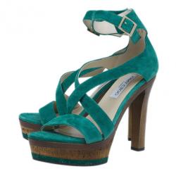 Pre Owned Jimmy Choo Green Suede Cork Platform Sandals Size 38