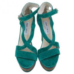 Pre Owned Jimmy Choo Green Suede Cork Platform Sandals Size 38