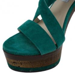 Pre Owned Jimmy Choo Green Suede Cork Platform Sandals Size 38