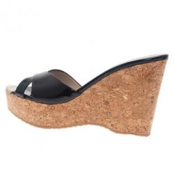 مملوكة مسبقًا Jimmy Choo Black Patent Perfume Cork Wedges Size 38.5