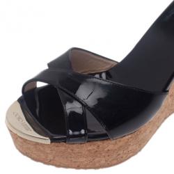 مملوكة مسبقًا Jimmy Choo Black Patent Perfume Cork Wedges Size 38.5