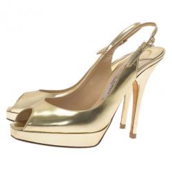 مملوكة مسبقًا صندل جيمي تشو جلد معدني ذهبي كلو كعب أمامي وفتحة خلفية للكعب مقاص 38.5