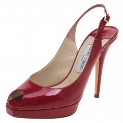 Pre Owned Jimmy Choo Red Patent Leather Clue Peep Toe Slingback Sandals Size 38