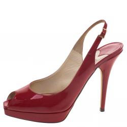 Pre Owned Jimmy Choo Red Patent Leather Clue Peep Toe Slingback Sandals Size 38