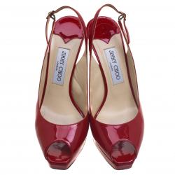 Pre Owned Jimmy Choo Red Patent Leather Clue Peep Toe Slingback Sandals Size 38