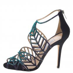 Pre Owned Jimmy Choo Black Multicolor Crystal Embellished Suede Kallai Leaf Sandals Size 40