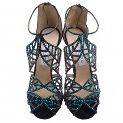 Pre Owned Jimmy Choo Black Multicolor Crystal Embellished Suede Kallai Leaf Sandals Size 40