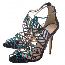 Pre Owned Jimmy Choo Black Multicolor Crystal Embellished Suede Kallai Leaf Sandals Size 40