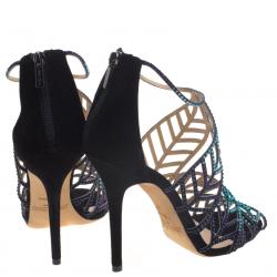 Pre Owned Jimmy Choo Black Multicolor Crystal Embellished Suede Kallai Leaf Sandals Size 40