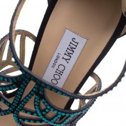 Pre Owned Jimmy Choo Black Multicolor Crystal Embellished Suede Kallai Leaf Sandals Size 40
