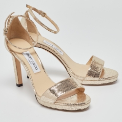 Pre Owned Jimmy Choo Gold Texture Leather Ankle Strap Sandals Size 38.5