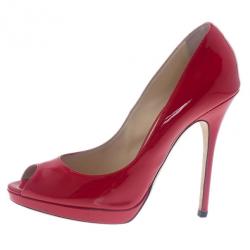 Pre Owned Jimmy Choo Red Patent Leather Quiet Peep Toe Pumps Size 38