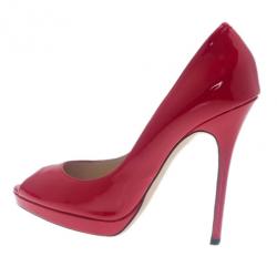 Pre Owned Jimmy Choo Red Patent Leather Quiet Peep Toe Pumps Size 38