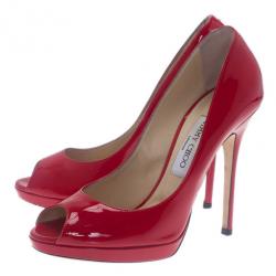 Pre Owned Jimmy Choo Red Patent Leather Quiet Peep Toe Pumps Size 38