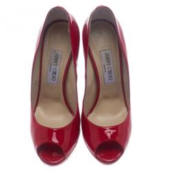 Pre Owned Jimmy Choo Red Patent Leather Quiet Peep Toe Pumps Size 38