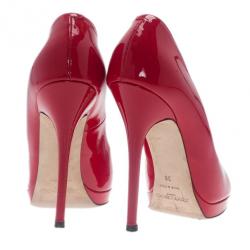 Pre Owned Jimmy Choo Red Patent Leather Quiet Peep Toe Pumps Size 38