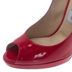 Pre Owned Jimmy Choo Red Patent Leather Quiet Peep Toe Pumps Size 38