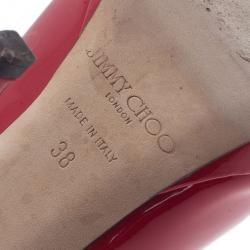 Pre Owned Jimmy Choo Red Patent Leather Quiet Peep Toe Pumps Size 38
