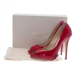 Pre Owned Jimmy Choo Red Patent Leather Quiet Peep Toe Pumps Size 38