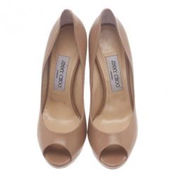 Pre Owned Jimmy Choo Nude Leather Quiet Peep Toe Pumps Size 37.5