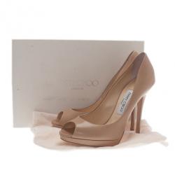Pre Owned Jimmy Choo Nude Leather Quiet Peep Toe Pumps Size 37.5