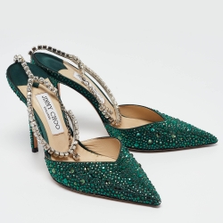 Pre Owned Jimmy Choo Green Satin Saeda Crystals Pumps Size 40