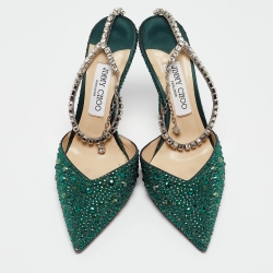 Pre Owned Jimmy Choo Green Satin Saeda Crystals Pumps Size 40