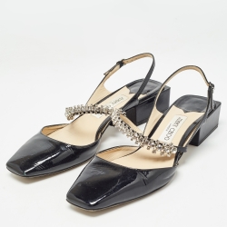 Pre Owned Jimmy Choo Black Patent Crystal Embellished Slingback Flat Sandals Size 40