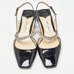 Pre Owned Jimmy Choo Black Patent Crystal Embellished Slingback Flat Sandals Size 40