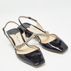 Pre Owned Jimmy Choo Black Patent Crystal Embellished Slingback Flat Sandals Size 40