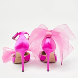 Pre Owned Jimmy Choo Pink Satin Bow Ankle Strap Pumps Size 38.5
