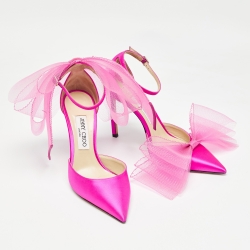 Pre Owned Jimmy Choo Pink Satin Bow Ankle Strap Pumps Size 38.5