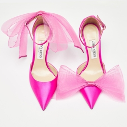Pre Owned Jimmy Choo Pink Satin Bow Ankle Strap Pumps Size 38.5