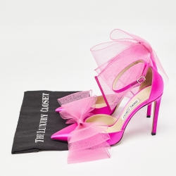 Pre Owned Jimmy Choo Pink Satin Bow Ankle Strap Pumps Size 38.5
