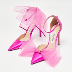 Pre Owned Jimmy Choo Pink Satin Bow Ankle Strap Pumps Size 38.5