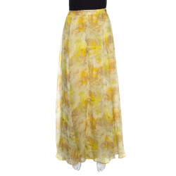 John Galliano Yellow Abstract Printed Silk Maxi A Line Skirt S