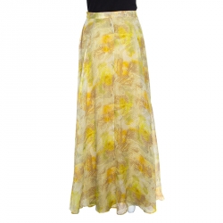 John Galliano Yellow Abstract Printed Silk Maxi A Line Skirt S