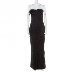 John Galliano Black Floral Lace Draped Bodice Strapless Evening Gown M