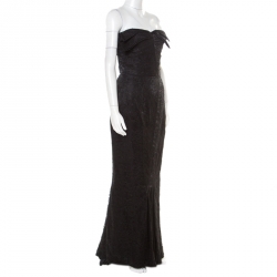 John Galliano Black Floral Lace Draped Bodice Strapless Evening Gown M